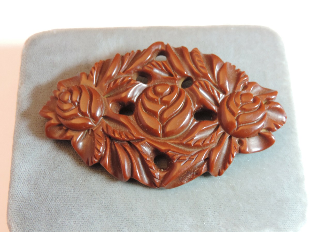 Broche Vintage En Bakélite Sculptée Fleur Rose/marron - Plastique Ancien, Occasion