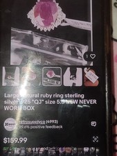 beautiful stunning genurine large ruby 925 qj sterling sliver ring size 6and...