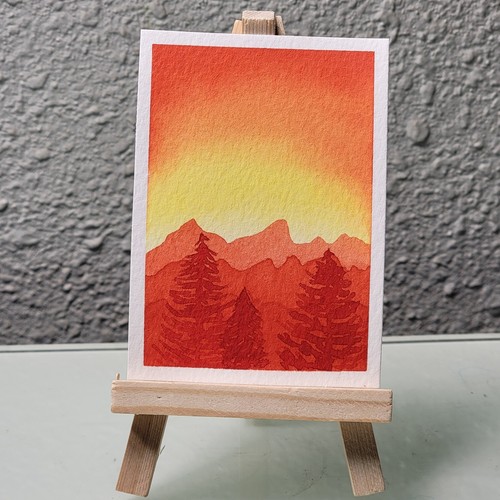 ACEO Original Watercolor Painting Red Mountain Sunset & Trees KatieBearDesigns