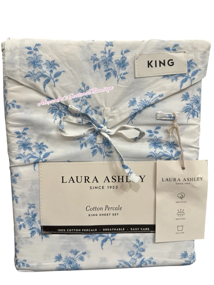 LAURA ASHLEY Victorian Bouquet Blue Floral KING SHEET SET 4P NEW COTTON PERCALE - Image 2 of 4