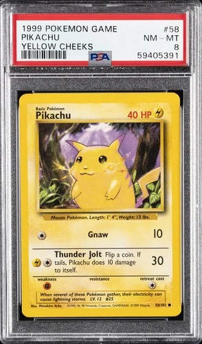 1999 POKEMON BASE SET UNLIMITED YELLOW CHEEKS #58 PIKACHU PSA 8