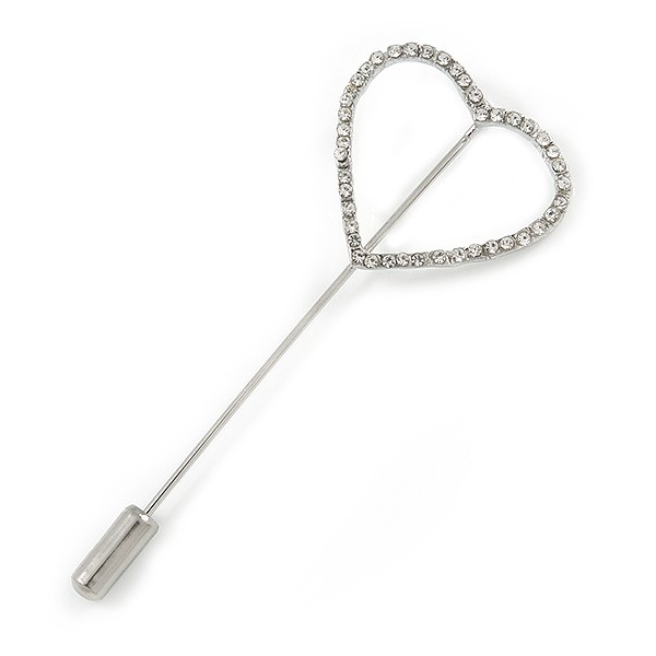 Silver Tone Clear Crystal Open Heart Lapel, Hat, Suit, Tuxedo, Collar, Scarf,