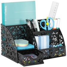 Pen Holder Desk Organizer with Drawer Pencil Cup for Desk 6 Compartments Meta...