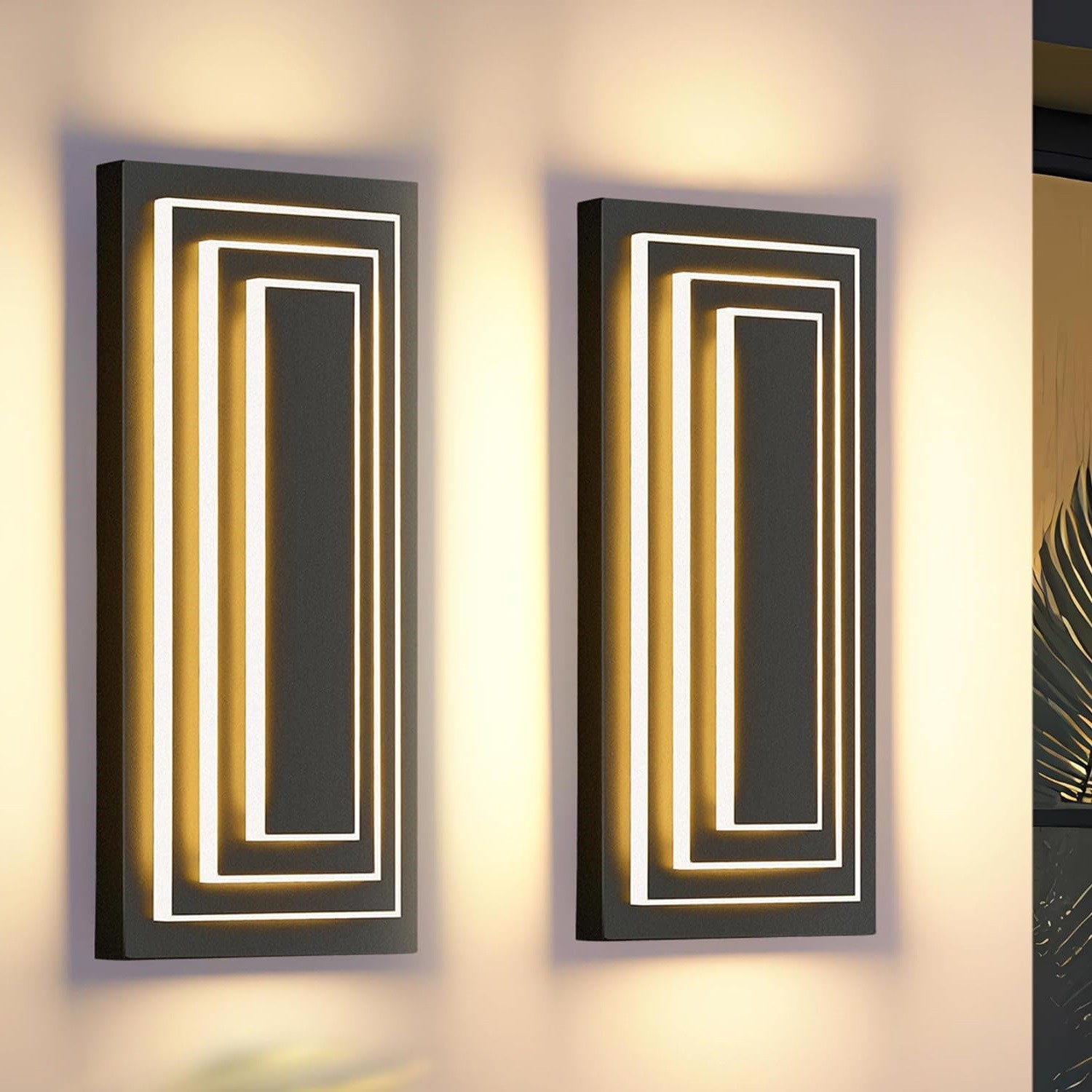 2 Pack 16'' LED Outdoor Wall Light Modern Black 3-Tier Front Door Sconce Fixture