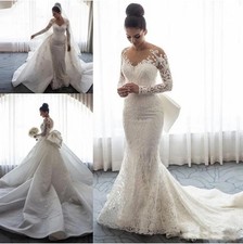 Luxury Mermaid Wedding Dress Sheer Neck Full Lace Applique Bow Button Train Gown