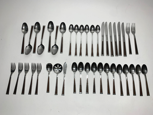 Vintage MCM Silverware Utensils Japan Stainless Retro Wood Inlay 40+ Piece Lot