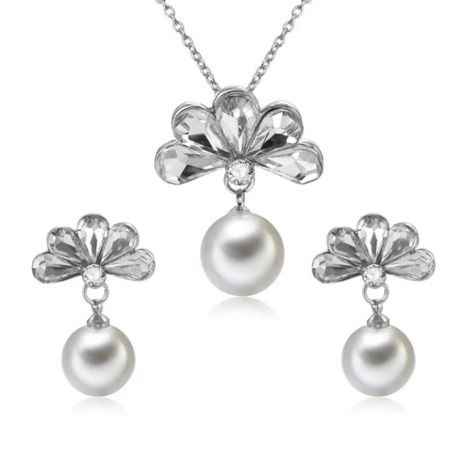 Weiß Kultiviert IN Süßwasser Perle Kristall Halskette Ohrringbolzen Set Geschenk