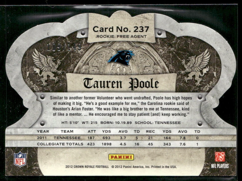 2012 Panini Crown Royale Tauren Poole 237 Silver Crown SN Carolina Panthers - Image 2 of 2