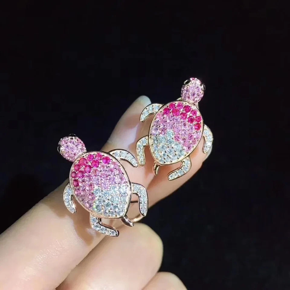2Ct Round Cut Lab Created Pink Ruby Turtle stud Earrings 14K Rose Gold Plated - Image 2 of 4