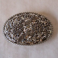 Vtg Nooona Belt Buckle Flora Pattern with Glass Rhinestones - Metal -