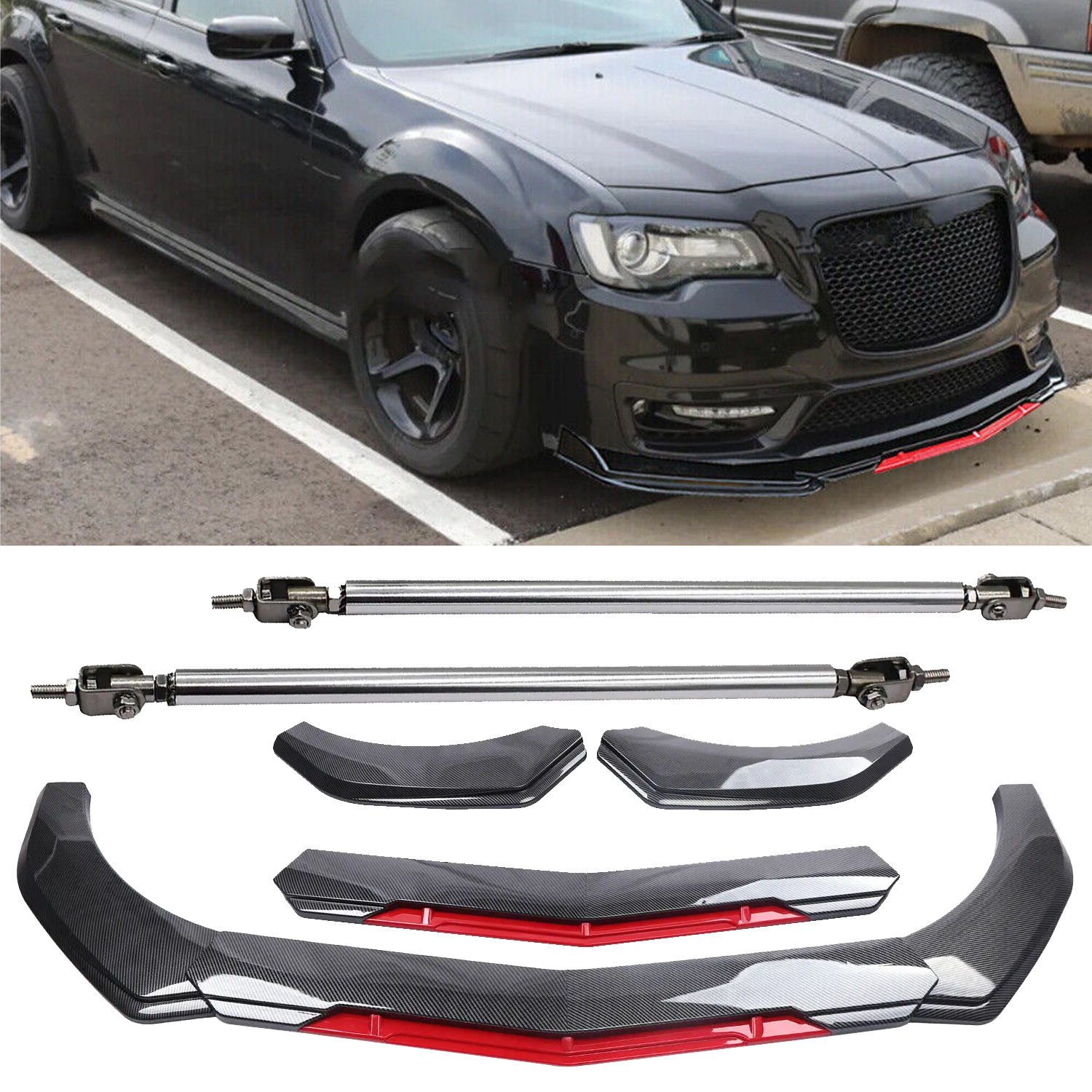 Chrysler 300 SRT Carbon Fiber Front Bumper Lip Spoiler Splitter with Strut Rods