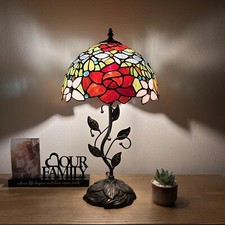 Tiffany Style Table Lamp Stained Glass Rose Flowers LED Bulb Included H22  W12  