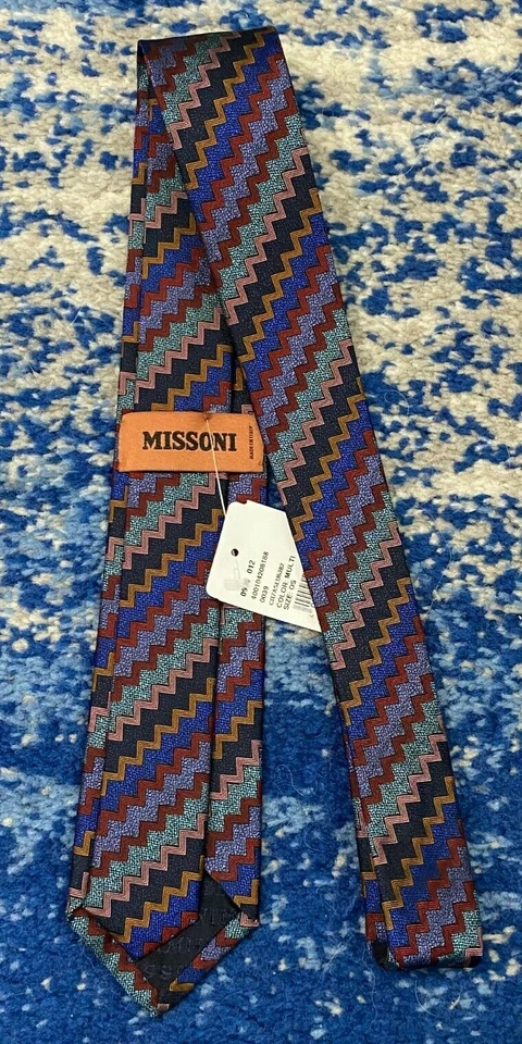 NEW Missoni Bias Sawtooth Red Copper Aqua Blue Pink Navy Lavender Slim Necktie  - Image 3 of 4