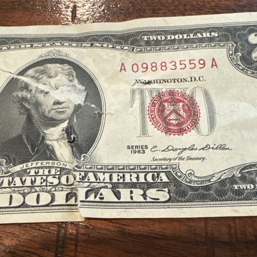 1963 Circulated Two Dollar Bill $2 Note Red Seal Old Paper Fancy A09883559A - Picture 2 of 8