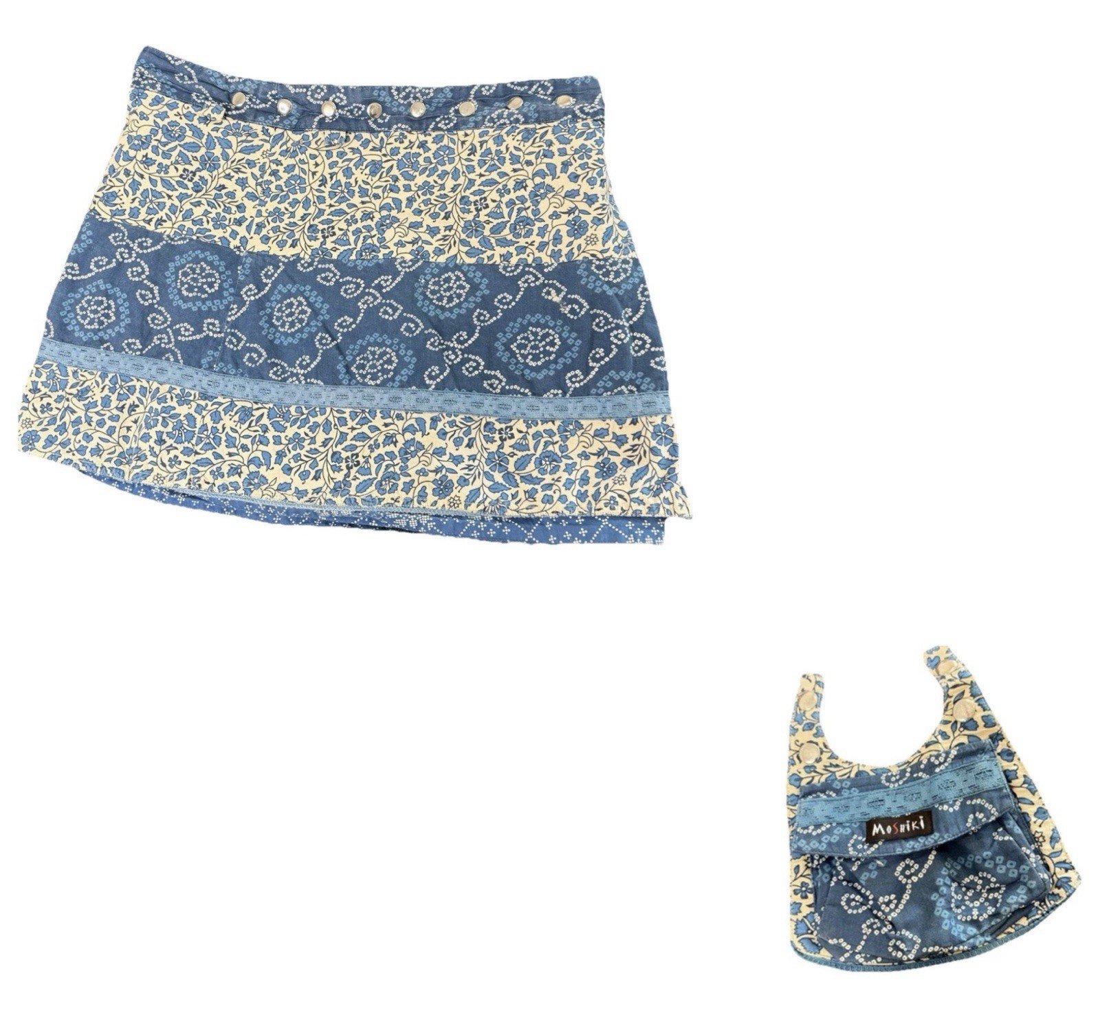 Moshiki Wrap Reversable Skirt Snap Closure Addn’l. Pocket Blue/White Floral M/L