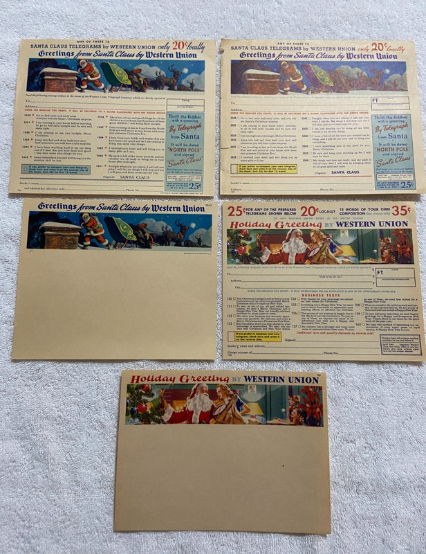 5 Vintage Western Union Color Telegrams CHRISTMAS Santa Claus Reindeer Unused