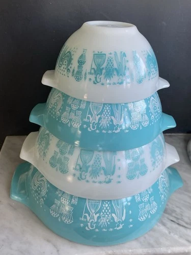 Vintage Pyrex Cinderella Mixing Bowl Set turquoise blue white Amish Butterprint