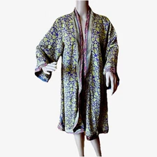 Dharma Trading Silk Blend Kimono Robe Size L Green Purple Long Open Boho