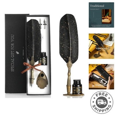 Artisan Crafted Vintage Feather Pen and Ink Set - Elegant Writing Experience