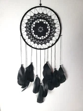 Black Crochet Dream Catcher with Shiny Black Feathers and Beads Dark Boho