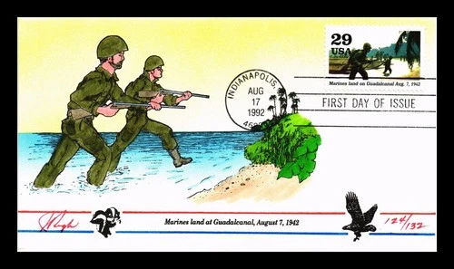 US COVER HAND COLORED PUGH CACHET FIRST DAY OF ISSUE WWII MARINES ON GUADALCANAL
