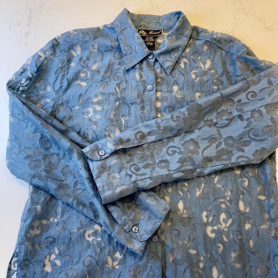 Mirasol Women L Buttonup Blouse Blue Mesh/woven Floral Long Sleeve Linen Blend - Image 3 of 4