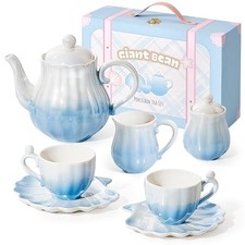 Porcelain Tea Set, Gradient Real Tea Party Set for Little Girls, British Blue
