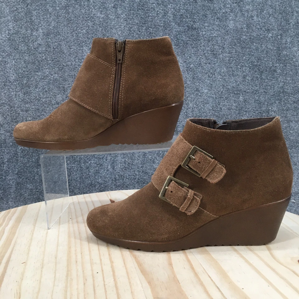 Munro 靴子女式 8 坡跟僧侣带侧拉链踝靴棕色麂皮绒 — 第 2/4 张图片