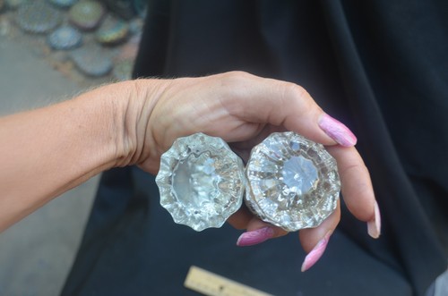 Antique Vintage 12 Point Crystal Glass & Brass Door Knobs Lot of 2 - Picture 8 of 8