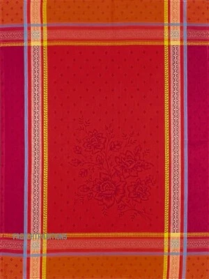 TISSUS TOSELLI French Provencal Jacquard Dishtowel Flowers & Stripes Red Made France