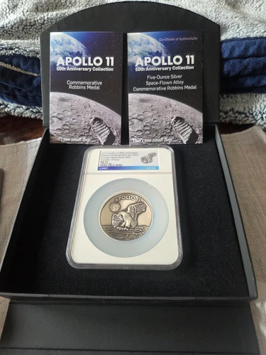 2019 5 oz Silver Apollo 11 50th Anniversary Robbins Medal Restrike NGC MS70 FDOI