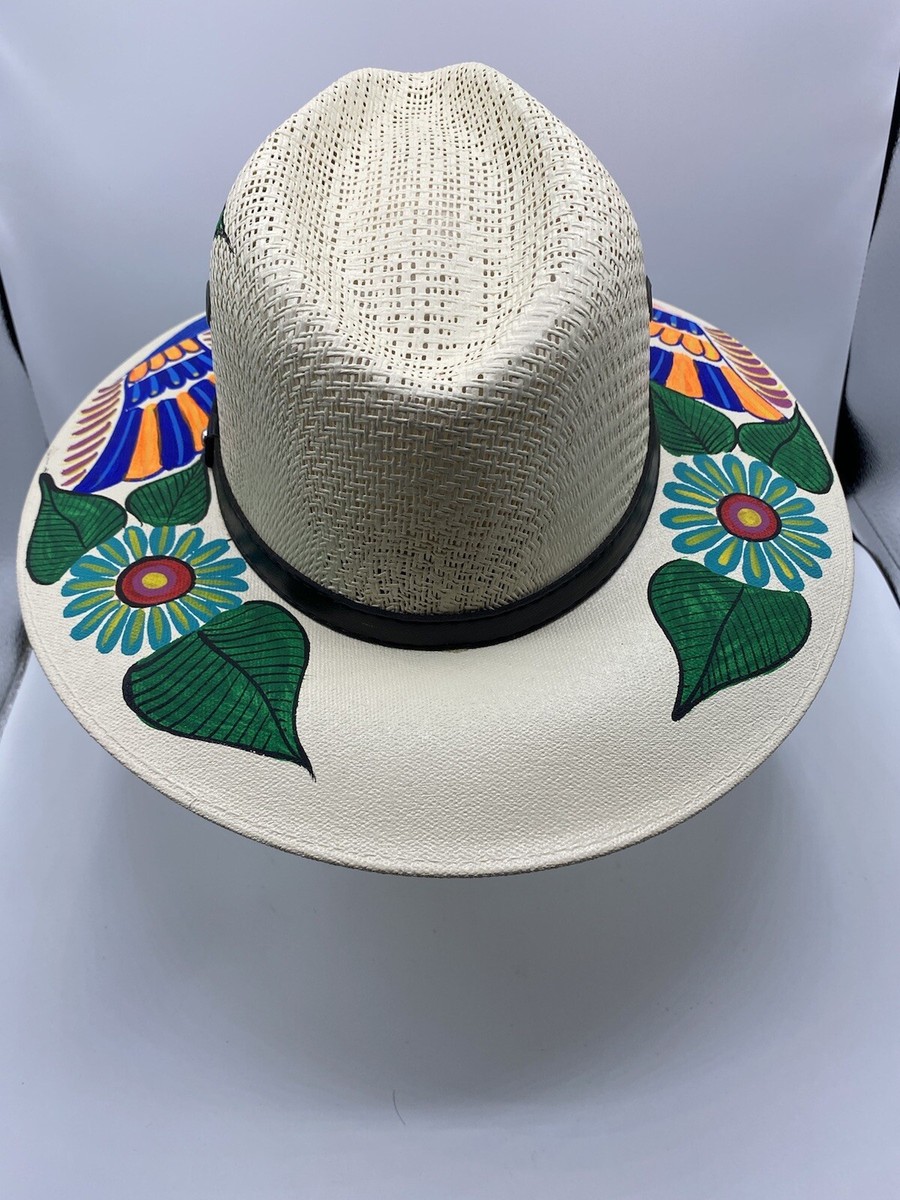 MEXICAN Artisan Hat Hand Painted Fedora Floral Birds  display picture 2