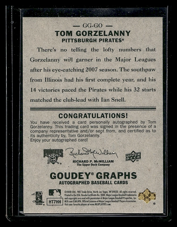 2008 UPPER DECK GOUDEY AUTOGRAPHS #GO TOM GORZELANNY PITTSBURGH PIRATES ON CARD - Image 2 of 3