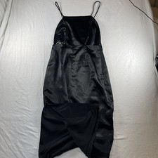 Lulu's Black Midi Dress Spaghetti Strap S low back sateen wedding guest cocktail