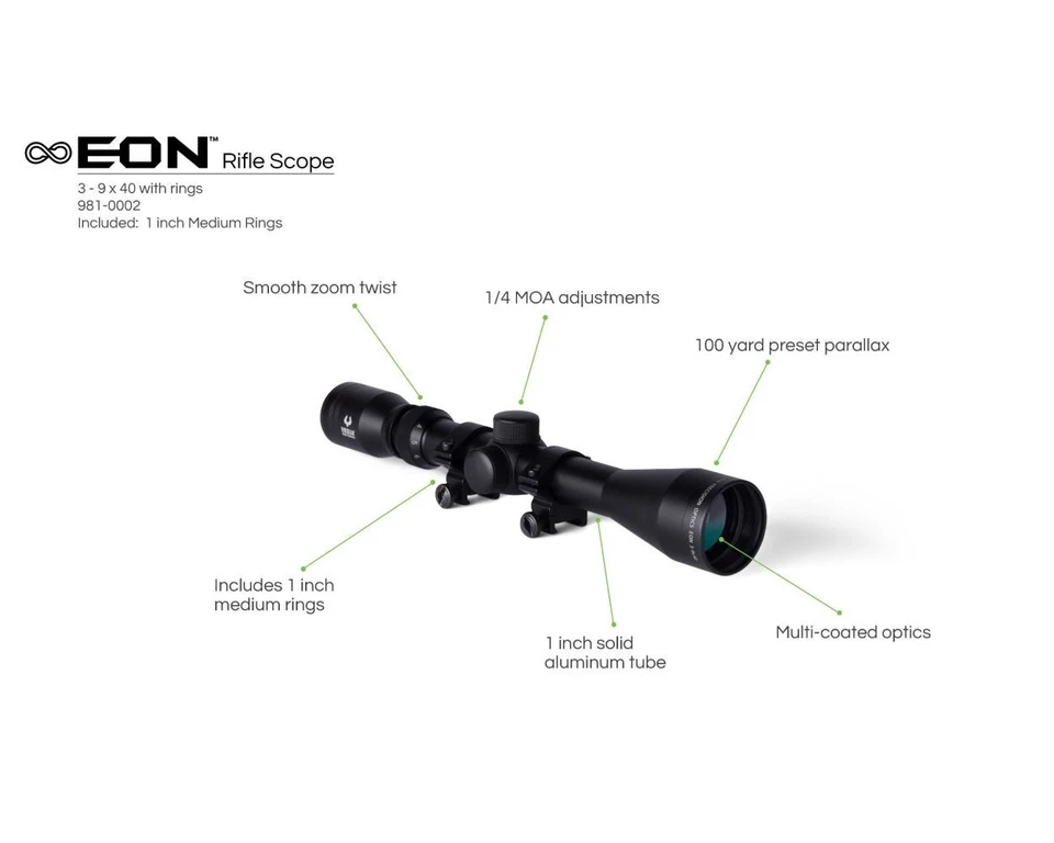 3-9x40 Rifle Scope Viridian EON BDC Optics With Rings & Covers SKU 981-0002