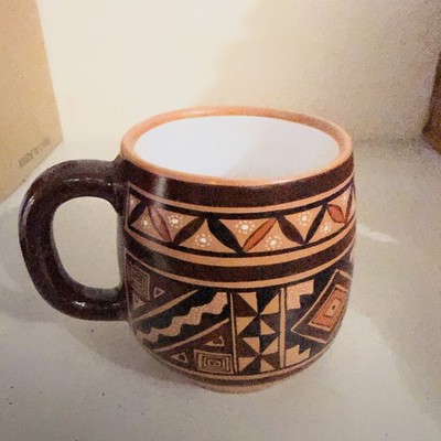Vintage Peru Hand painted Colorful Terra Cotta Mug Cusco Peru Folk Art Pottery