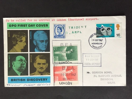 GB 1967 B.E.A. LETTER SERVICE 1/- + 2/7d TIED TO COVER + 1/6d FIRST DAY PMK