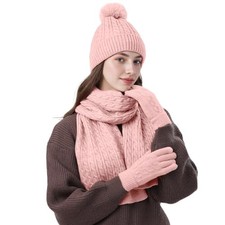 Winter Hat Beanie Long Scarf Touchscreen Gloves Set, 3Pcs Soft Thick Pink