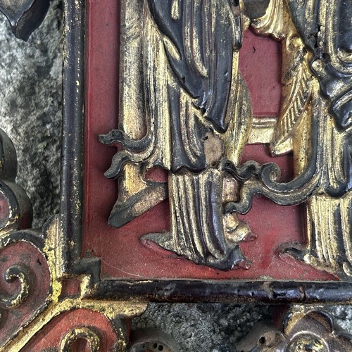 Antique Early Chinese Deep Relief Carved Wood Panel Wall Plaque Red Gold - Picture 6 of 16