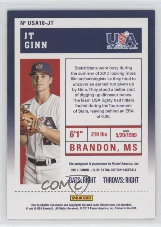 2017 Panini Elite Extra Edition USA Baseball 18U Tickets JT Ginn #USA18-JT Auto - Image 2 of 2