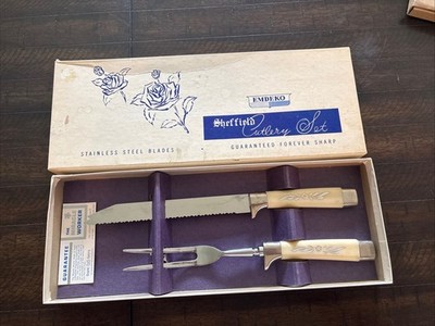 Vtg Emdeko Sheffield England Cutlery Set Stainless Steel Forever Sharp Blade MCM
