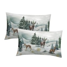 Christmas Lumbar Pillow Covers 12X20 Inch Set of 2 Watercolor Deer Trees