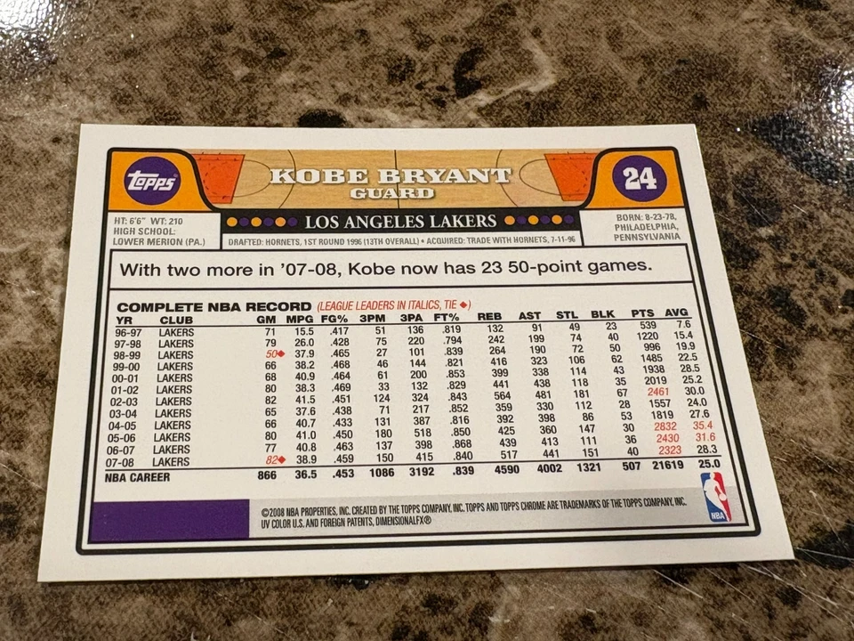 KOBE BRYANT 2008-09 Topps Chrome #24 Lakers - Image 2 of 2