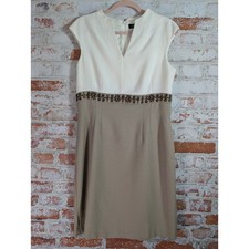 Tahari Sheath Dress Womens 10 Tan Cream Beaded Waist Linen Blend Career Wedding
