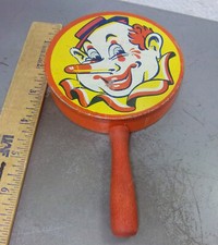 vintage rattle noise maker tin litho toy, Clown artwork, great graphics  colors