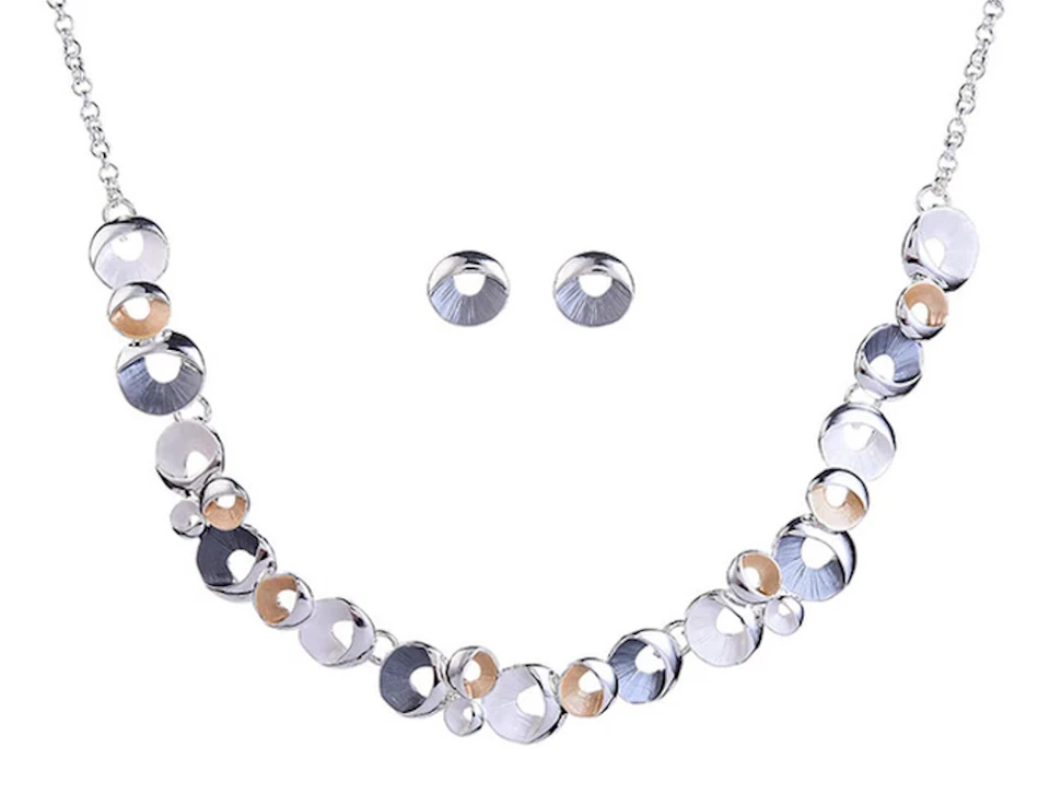 SCHMUCKSET DAMEN SILBER HALSKETTE COLLIER OHRRINGE VERSILBERT GOLD GRAU STECKER - Bild 1 von 1