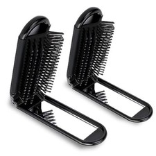 Travel Hair Brush with Mirror,2 Pack Folding Hair Brush Wet Brush Black  Black