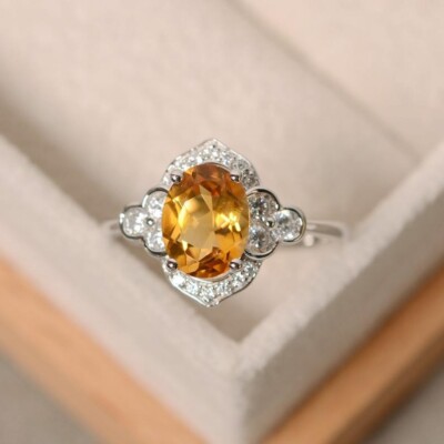 1.80 Ct Natural Oval Cut Citrine & Diamond Engagement Ring 14k Solid White Gold