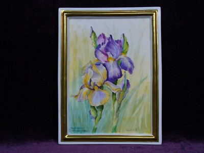Vintage French Limoges porcelain plaque tile of flower Iris signed Guy Vieille