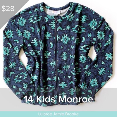 NWT LulaRoe Kids Monroe Jacket Size 14 Blue Green  Aztec
